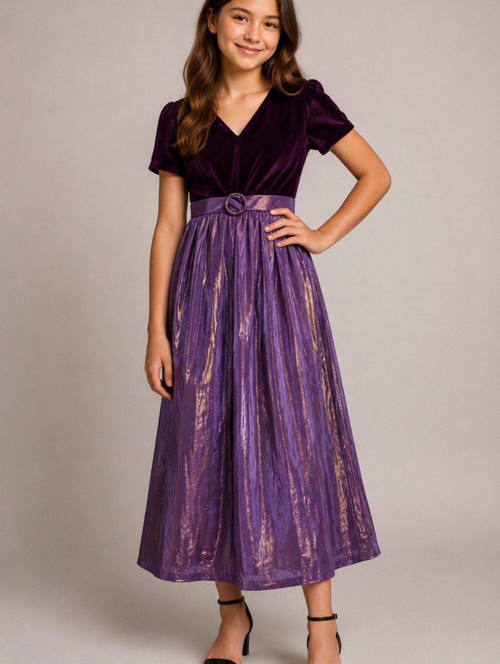 SWEET SODA Purple Velvet Metallic Irridescent Tie Waist Holiday Dress